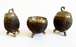 19th C, set of 3 Coconut & Sterling Silver Bowls/Vases