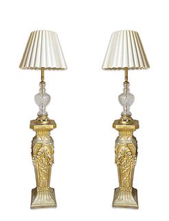 A Pair of Crystal Lamps on Baroque Gesso Pedestals