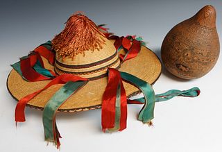South American Woven Hat and Carved Gourd