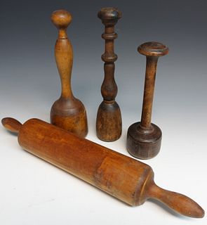Three Wooden Mashers and a Rolling Pin