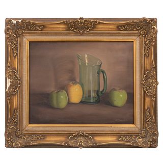 WM VANDERPOOL. SXX. Bodegón con jarra y manzanas. Firmado. Óleo sobre tela. Enmarcado. 40 x 50 cm.