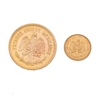 Dos monedas de 2 y 10 pesos en oro amarillo de 21k. Peso: 10.0 g