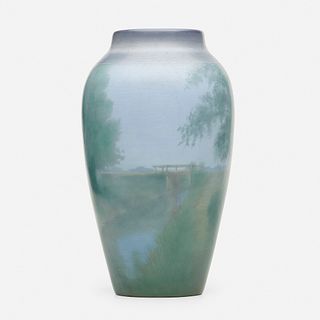 Carl Schmidt for Rookwood Pottery, Banded scenic Vellum vase with covered bridge