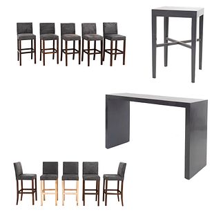 Set de muebles para bar. SXXI. Elaborado en madera y aluminio Consta de 10 Sillas altas. Con respaldos cerrados y 2 mesas
