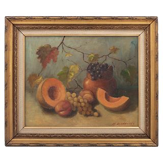 FIRMADO H. BELLATI. Bodegón con melón. Óleo sobre tela. Enmarcado. 40 x 50 cm