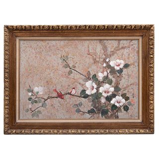 FIRMADO EN JAPONÉS. Flor de ciruelo (sakura). Óleo sobre tela. 60 x 90 cm
