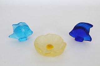 (2) Lalique Fish & Daum Flower Crystal Figurines