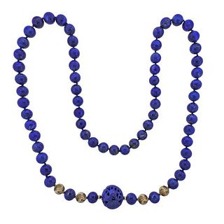 Carved Lapis Bead Gold Necklace