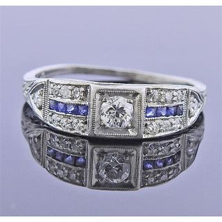 Art Deco Platinum Diamond Sapphire Engagement Ring