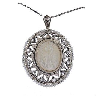 Antique 14k Gold MOP Seed Pearl Diamond Pendant Necklace