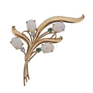 14k Gold Opal Diamond Emerald Brooch Pin