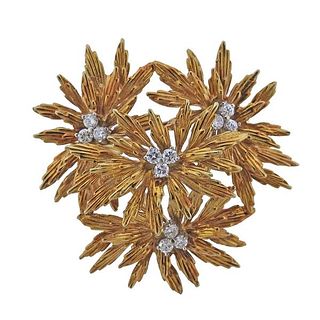 1960s 14K Gold Diamond Floral Brooch Pin