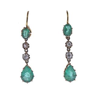 14k Gold Rose Cut Diamond Emerald Earrings
