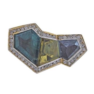18K Gold Diamond Aquamarine Tourmaline Citrine Ring