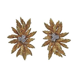 1960s 14K Gold Diamond Floral Earrings