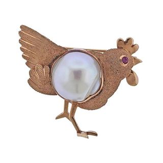 Vintage 14K Gold Pearl Rooster Brooch Pin