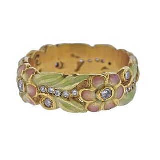  18k Gold Enamel Diamond Floral Band Ring