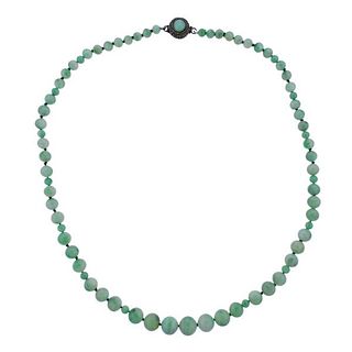 Antique Silver Jade Graduated Bead Necklace