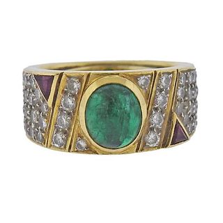 18K Gold Diamond Emerald Ruby Ring
