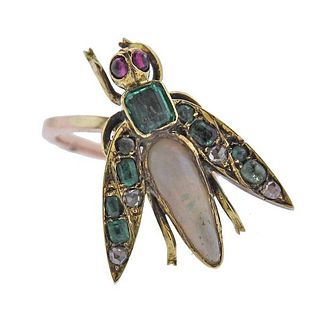 Antique Victorian Gold Opal Emerald Diamond Insect Ring