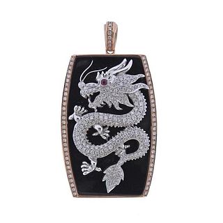 18K Gold Diamond Onyx Dragon Pendant