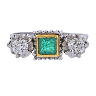 Mid Century Platinum 18K Gold Diamond Emerald Ring