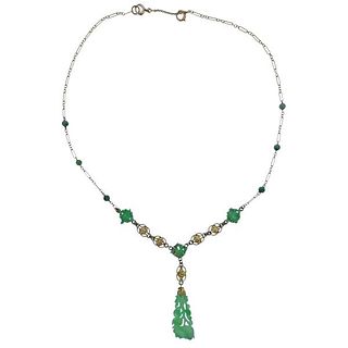 Art Deco 14k Gold Carved Jade Pendant Necklace