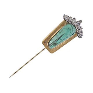 18k Gold Green Tourmaline Diamond Stick Pin