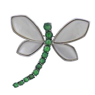 18k Gold Jadeite Jade Mother of Pearl Dragonfly Brooch Pendant
