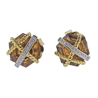 David Yurman Gold Diamond Citrine Cable Wrap Earrings