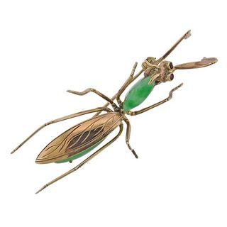 14k Gold Jade Ruby Insect Brooch Pin