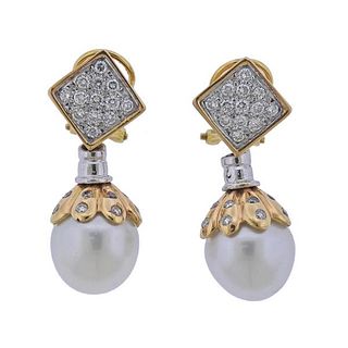 18K  Gold Diamond South Sea Pearl Drop Earrings