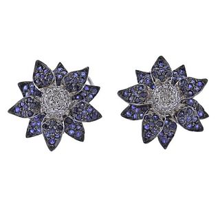 14K Gold Diamond Sapphire Flower Earrings