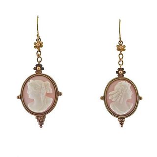 Antique 18k Gold Coral Cameo Drop Earrings