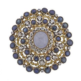 Italian 18K Gold Diamond Sapphire Brooch Pin