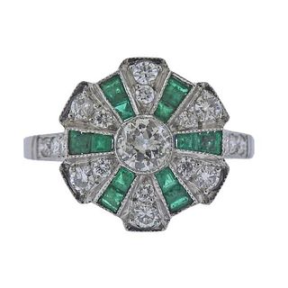 Platinum Diamond Emerald Cluster Ring