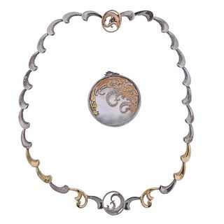 Erte Aphrodite Gold Silver Necklace Wave Diamond Brooch Set