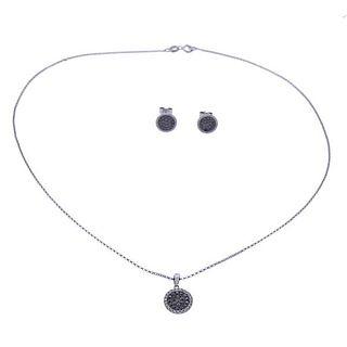 18K Gold Diamond Black Spinel Pendant Necklace Earrings Set