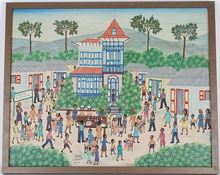 Haitian School, "Vaccination Day" Painting- Signed