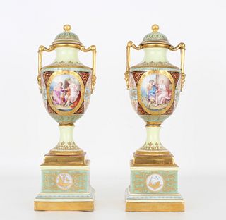 (2) Royal Vienna Style Twin Handled Covered Urns