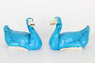 Pair of Blue/White Glazed Seated Ducks