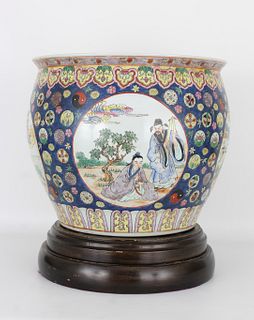 Chinese Porcelain Fish Bowl on Stand, Marked