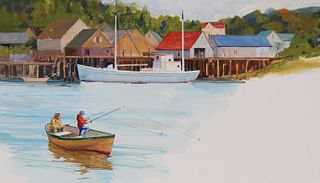 Skip Whitcomb (B. 1946) Fishing from a Boat W/C