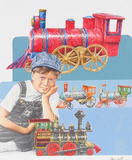 Chris Calle (B. 1961) "Boy with Old Trains"