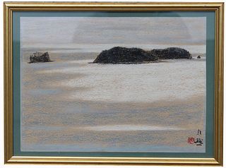 Japanese Pastel Painting Depicting a Seascape