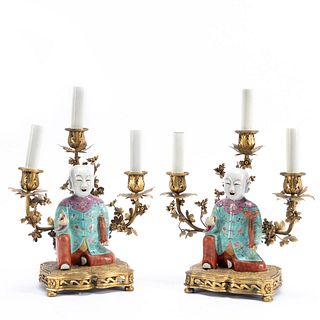 2 CHINESE LAUGHING BOYS GILT BRONZE MOUNTED LAMPS