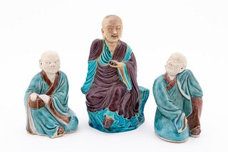 3 CERAMIC CHINESE SEATED BUDDHIST LOHAN FIGURES