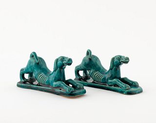 PAIR, CHINESE TURQUOISE GLAZE STRETCHING HOUNDS