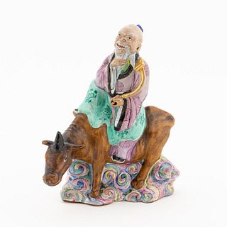 CHINESE FAMILLE ROSE IMMORTAL FIGURE ON COW