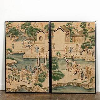 PAIR FRAMED CHINESE WATERCOLOR COURT SCENE PANELS